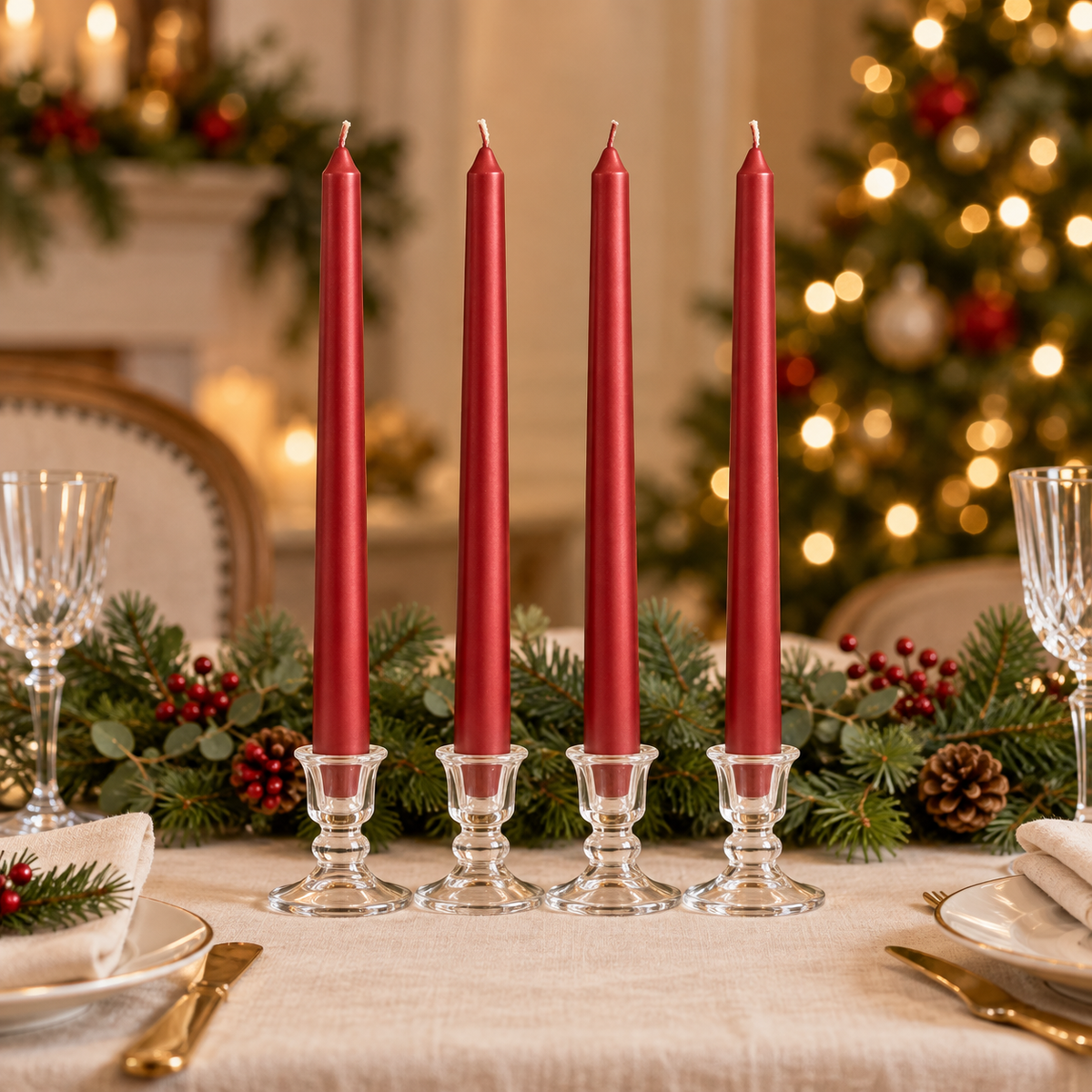Set 4 candele a stelo rosso satinato – 25 cm