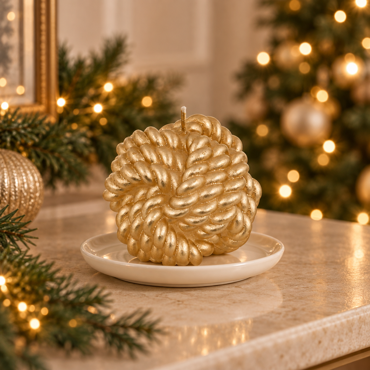 Candela decorativa a gomitolo satinata – bianco o oro assortito