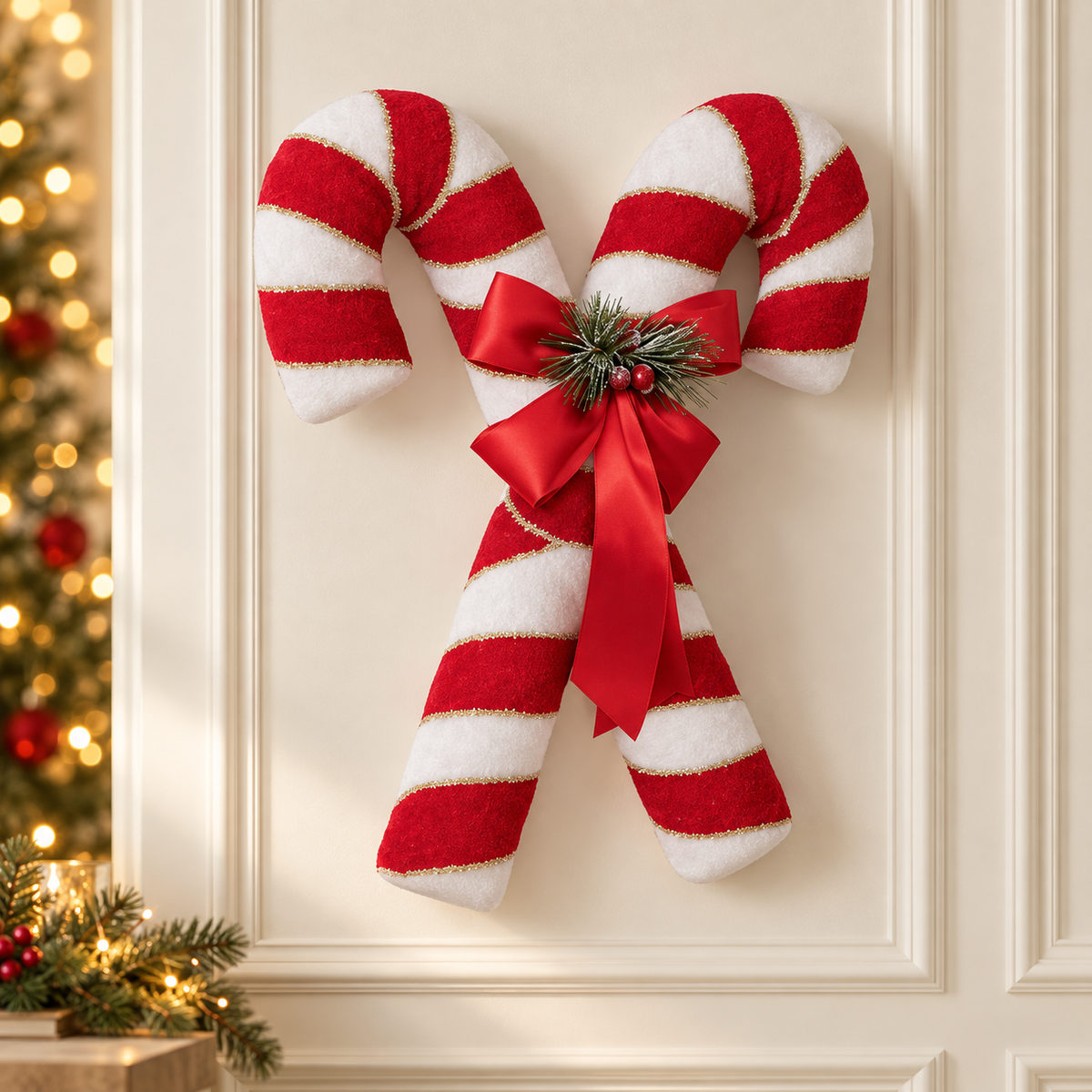 Decorazione natalizia doppio bastoncino di zucchero rosso e bianco 46 cm