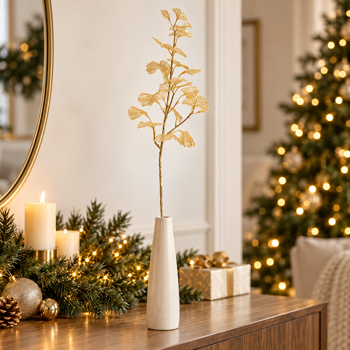 Ramo decorativo Ginkgo dorato 77 cm per Natale