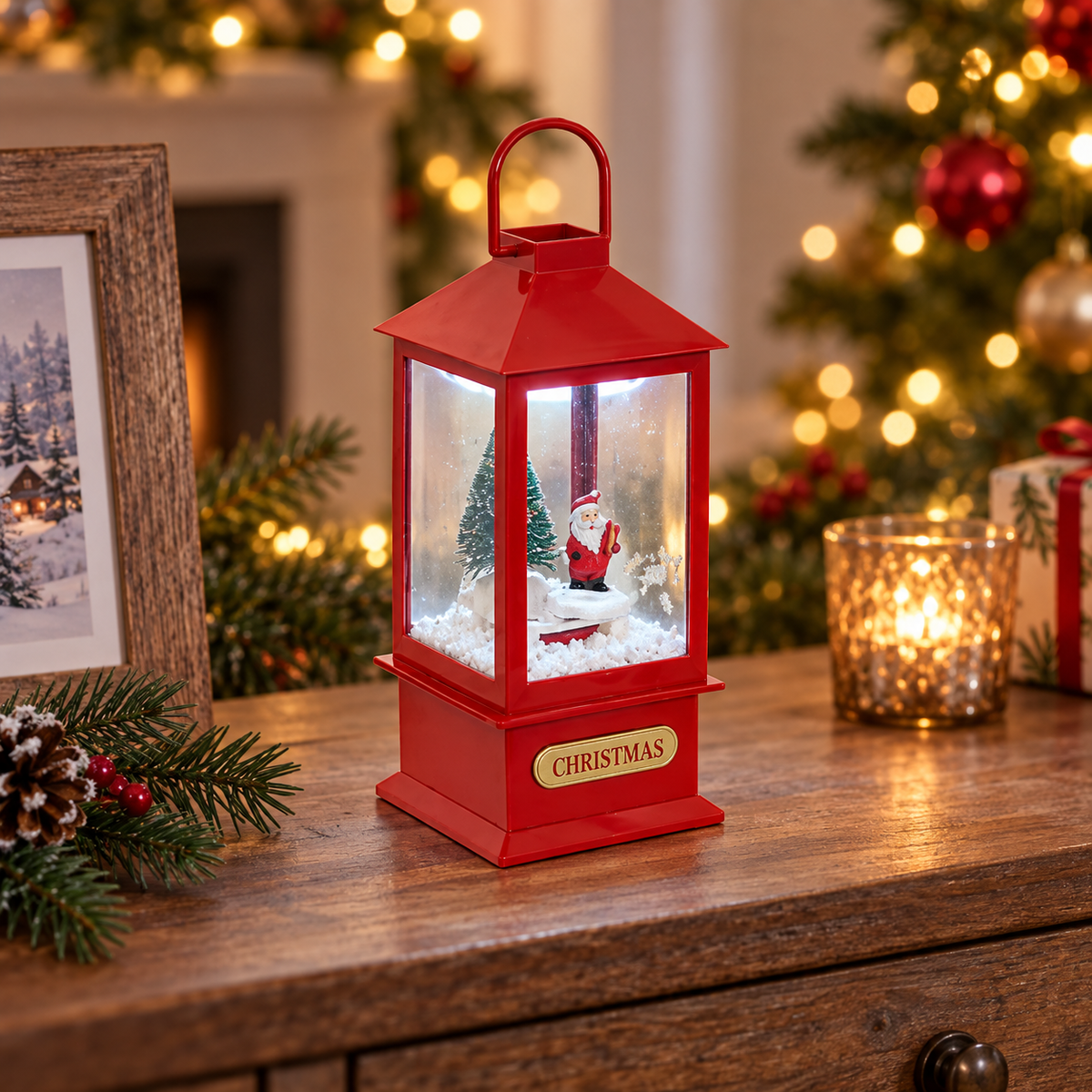 Lanterna natalizia rossa con Babbo Natale e 4 LED 20 cm