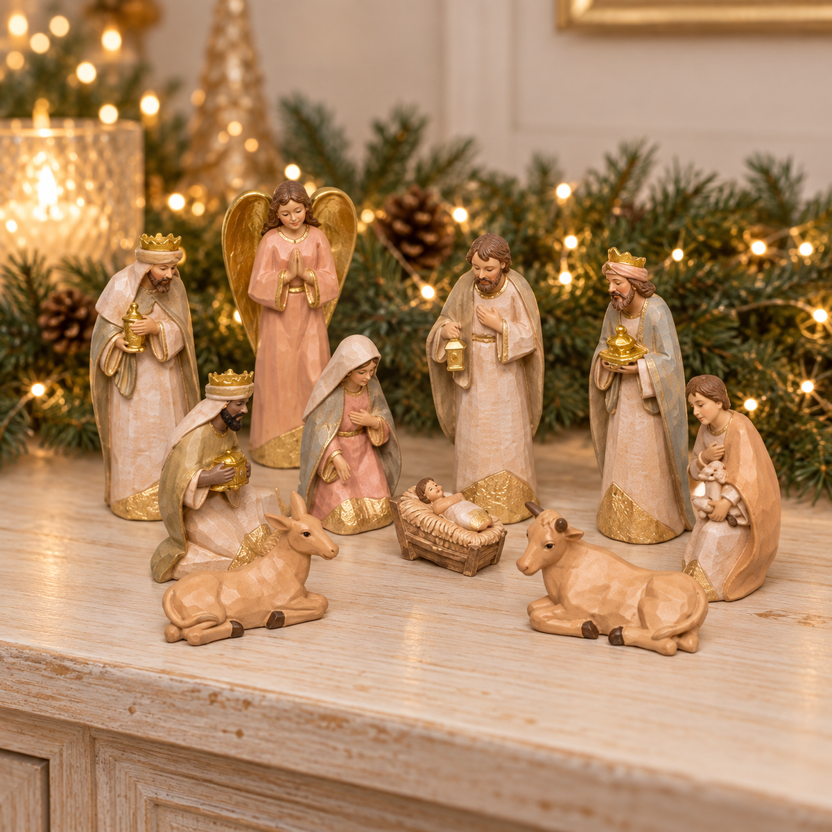 Presepe in resina con 10 personaggi fino a 15 cm