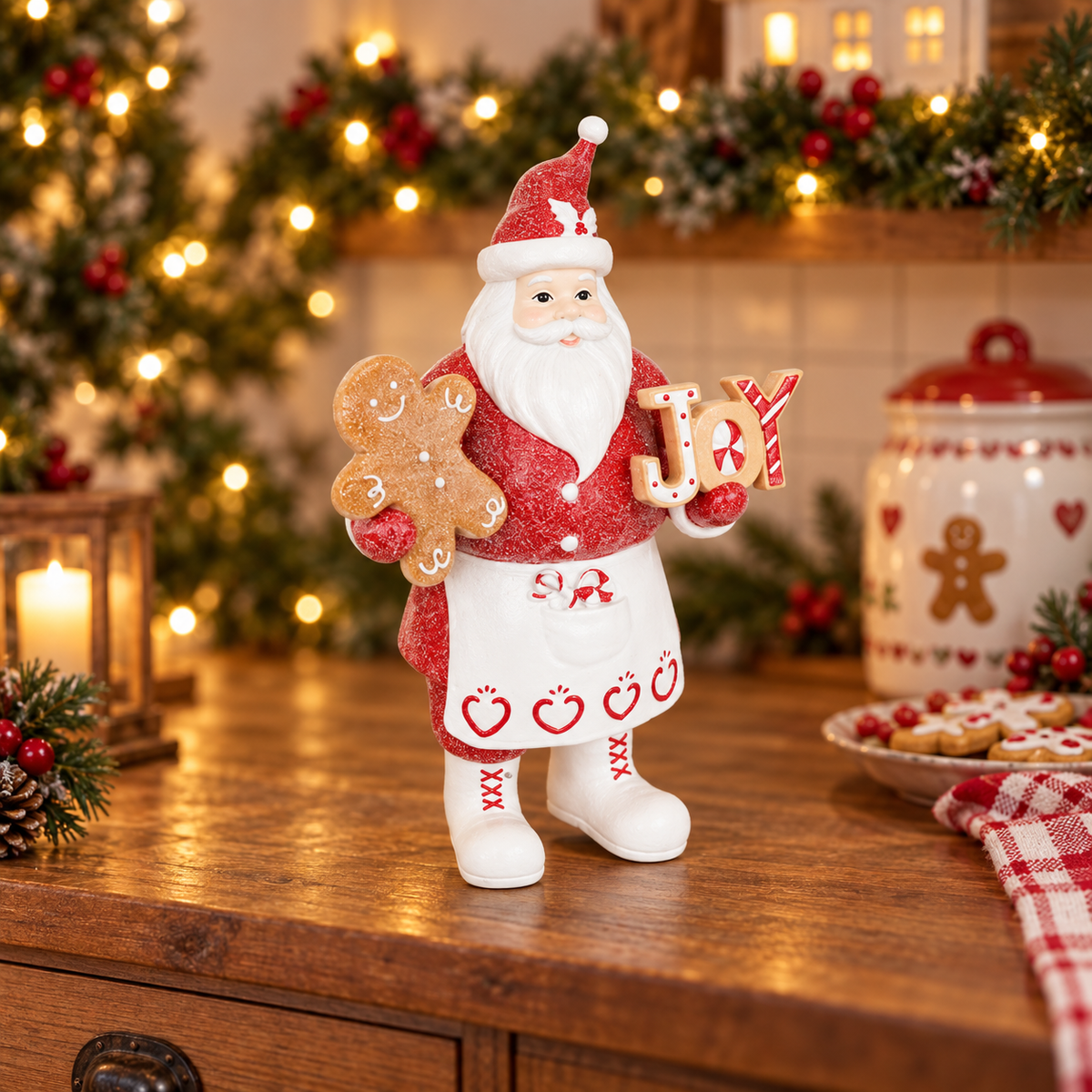 Babbo Natale in resina con omino di pan di zenzero e scritta Joy