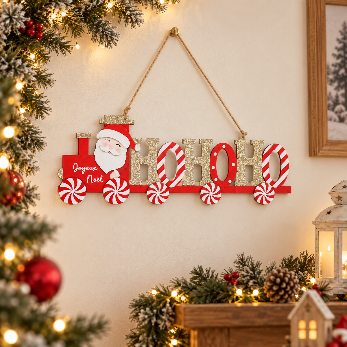 Trenino natalizio Ho Ho Ho in legno da appendere 30 cm