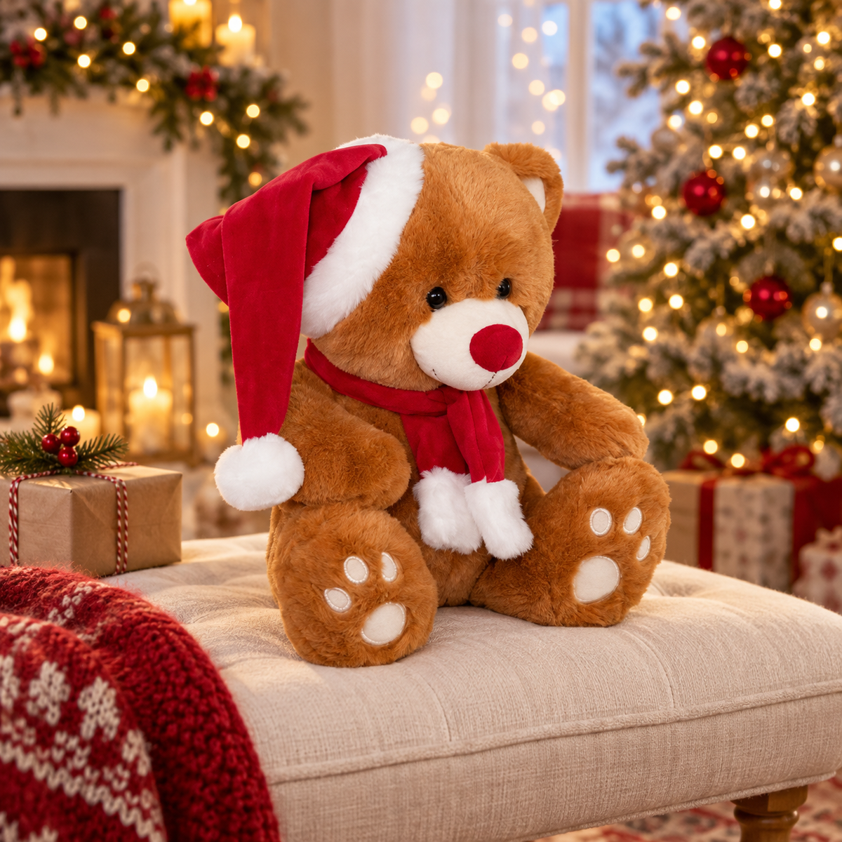 Orso natalizio in peluche marrone con cappello e sciarpa 34 cm