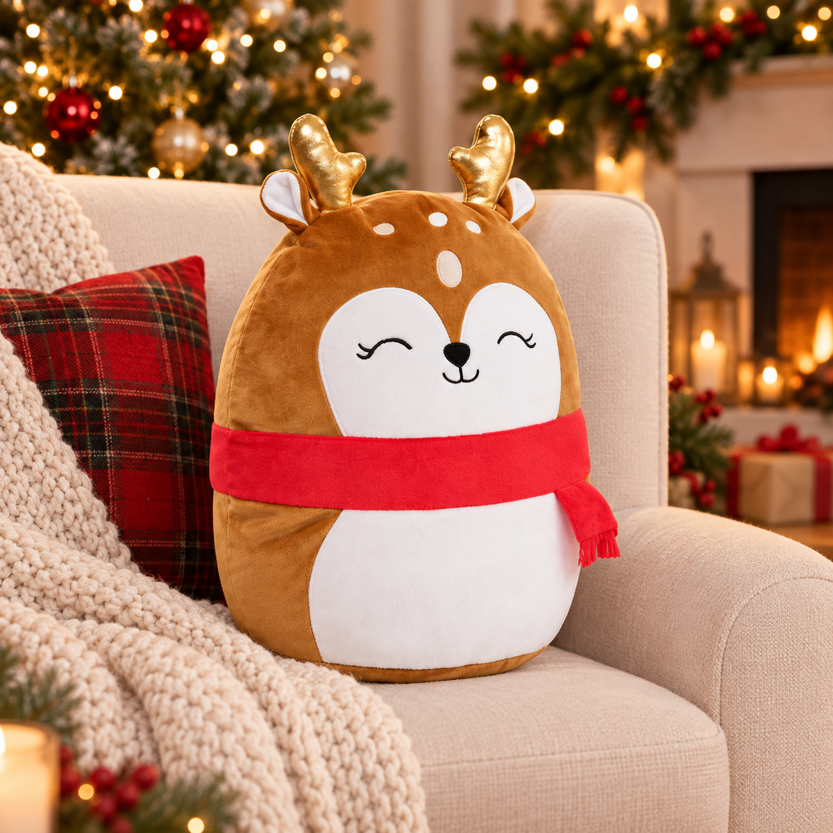 Renna Squishy in peluche marrone con sciarpa rossa 35 cm