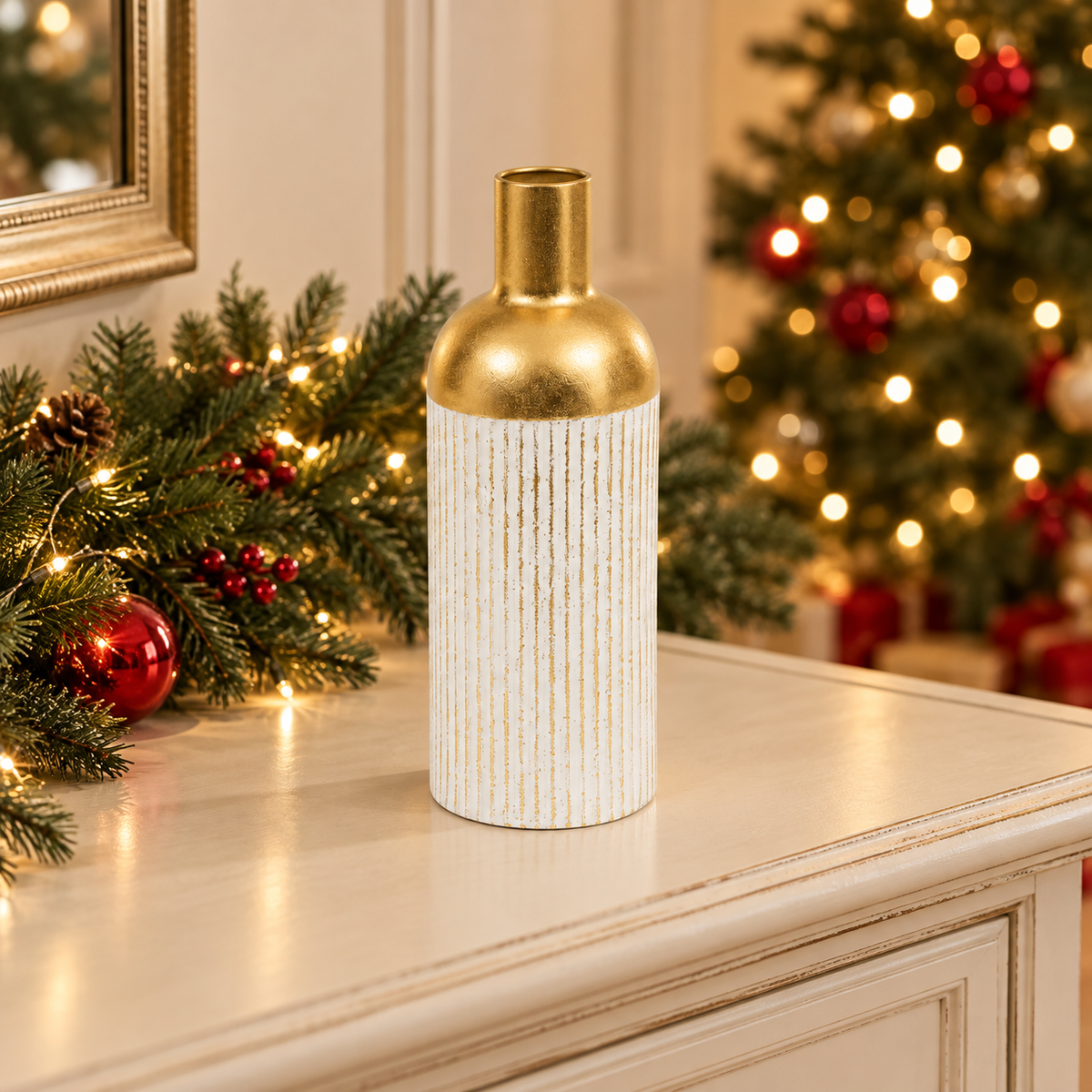 Vaso Mirsa in metallo bianco e oro, altezza 43,5 cm