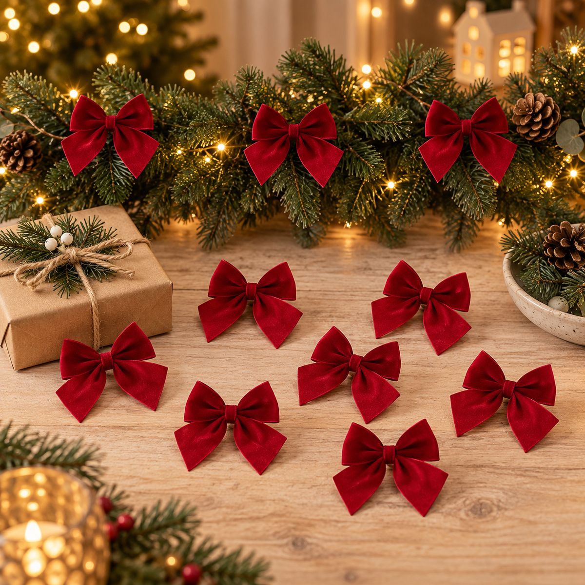 Set 10 mini fiocchi natalizi in velluto rosso