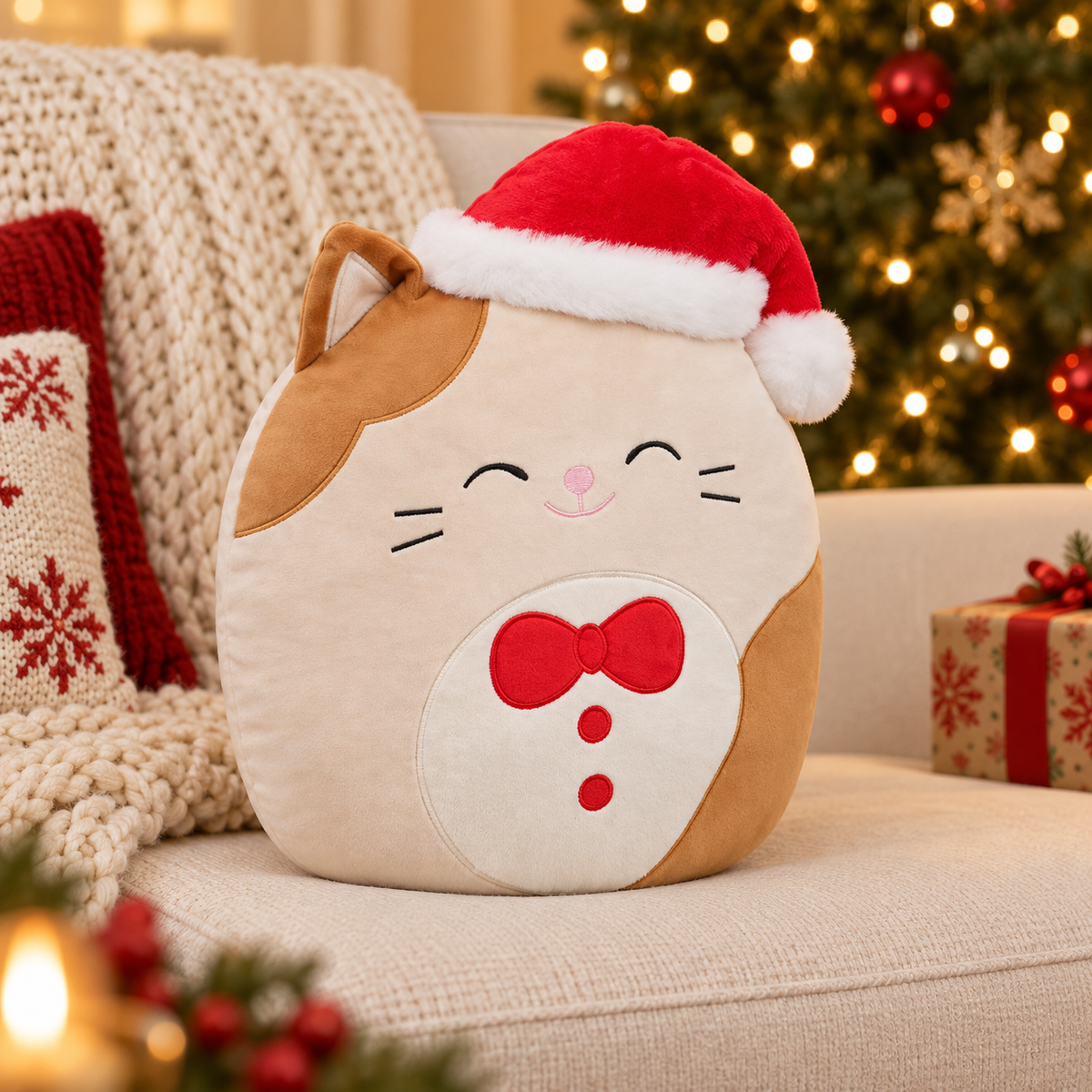 Peluche gatto natalizio Squishy con cappello di Natale 33 cm
