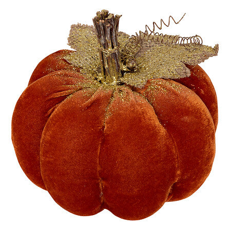 Zucca decorativa in velluto arancione con foglie dorate 19 cm