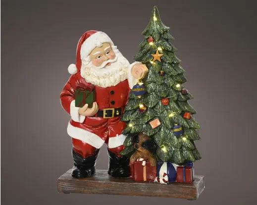 Babbo Natale con albero e 12 micro LED in resina 29 cm