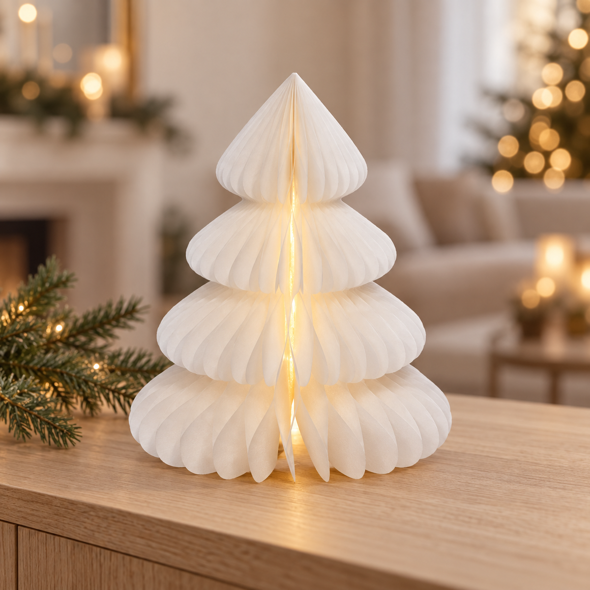 Albero di Natale in carta bianca con 20 micro LED 28 cm