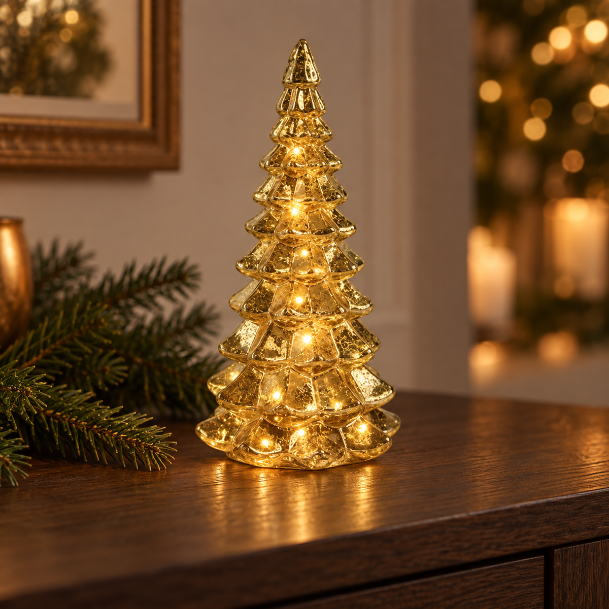 Albero natalizio in vetro oro con 10 micro LED 21 cm