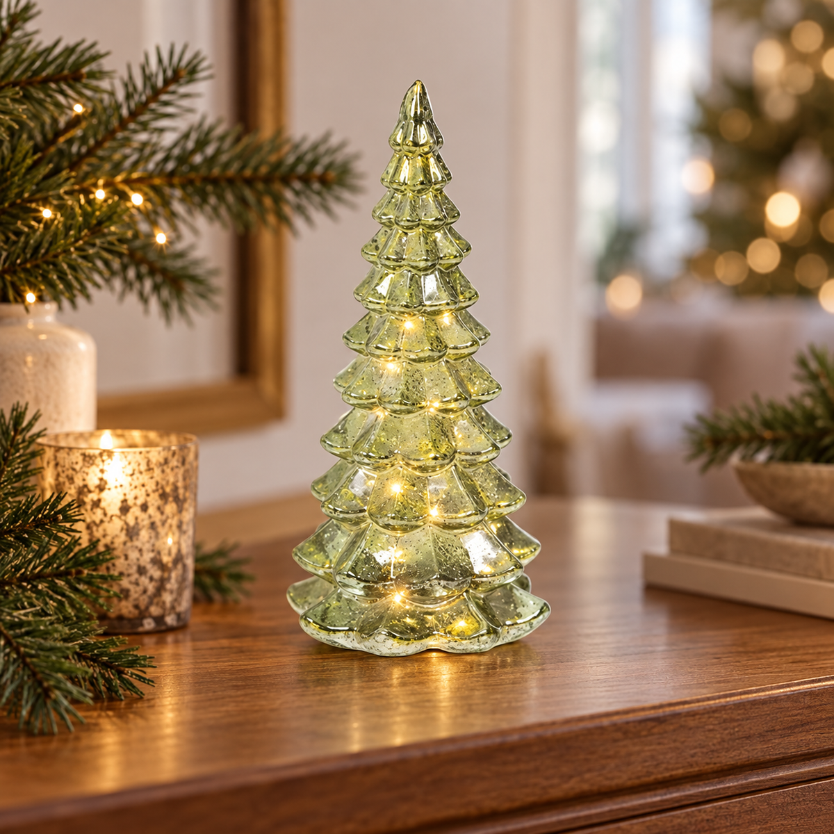 Albero natalizio in vetro verde con 10 micro LED 21 cm