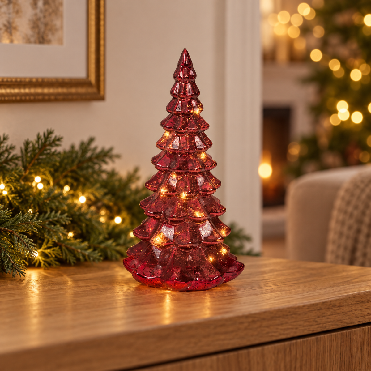 Albero natalizio in vetro rosso con 10 micro LED 21 cm