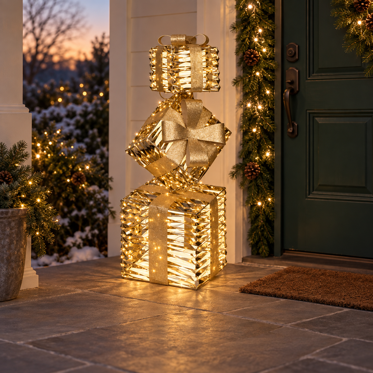 Pacchi regalo luminosi oro con 600 micro LED da esterno 73 cm