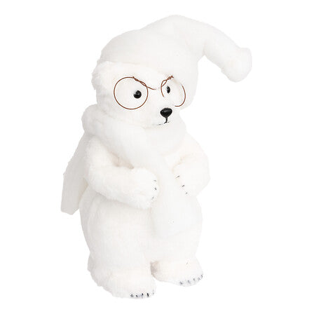 Orso natalizio bianco con occhiali, cappello e sciarpa – 38 cm