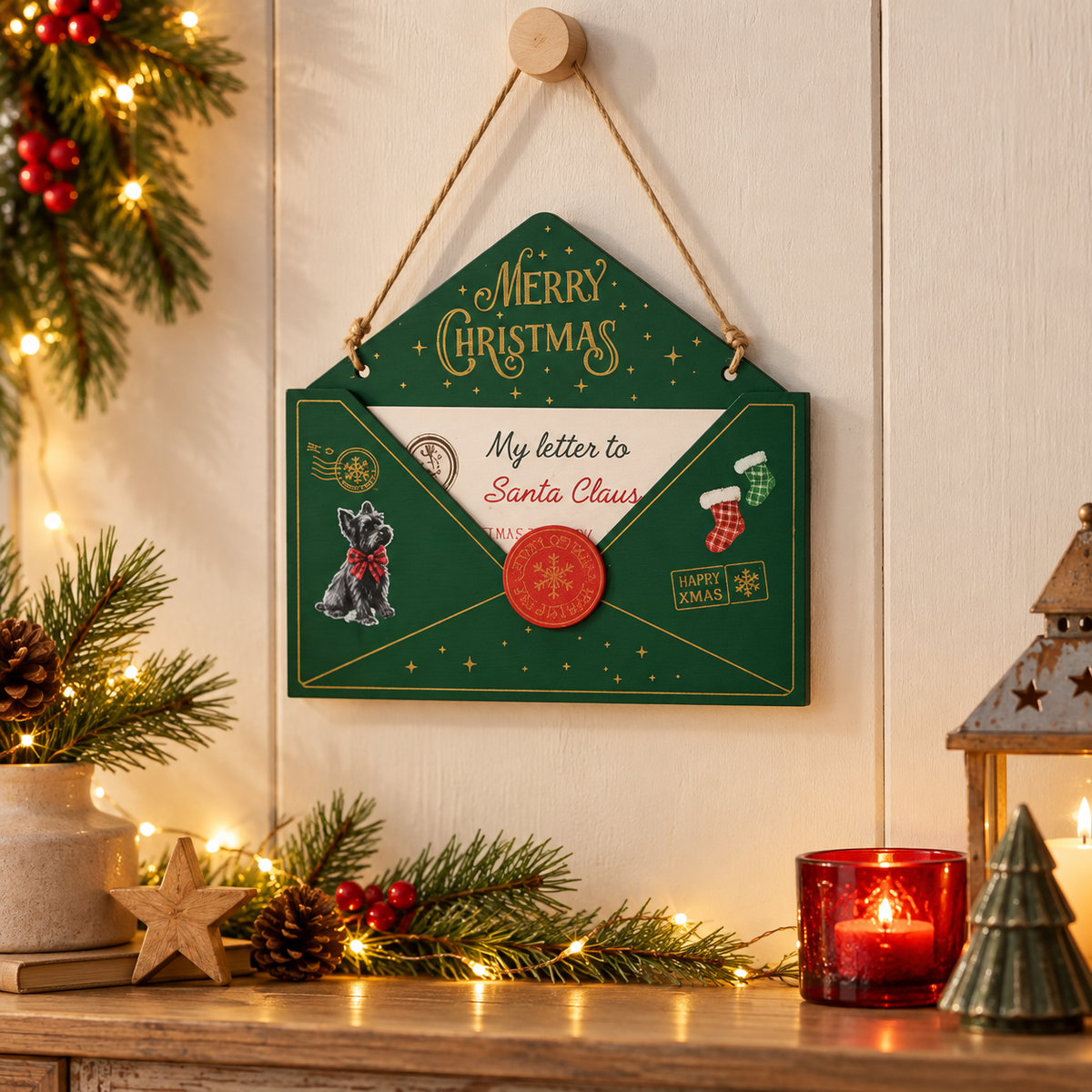 Lettera a Babbo Natale in legno da appendere 20 cm – Kaemingk