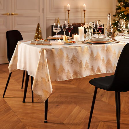 Tovaglia natalizia bianca con alberi dorati 140 × 360 cm
