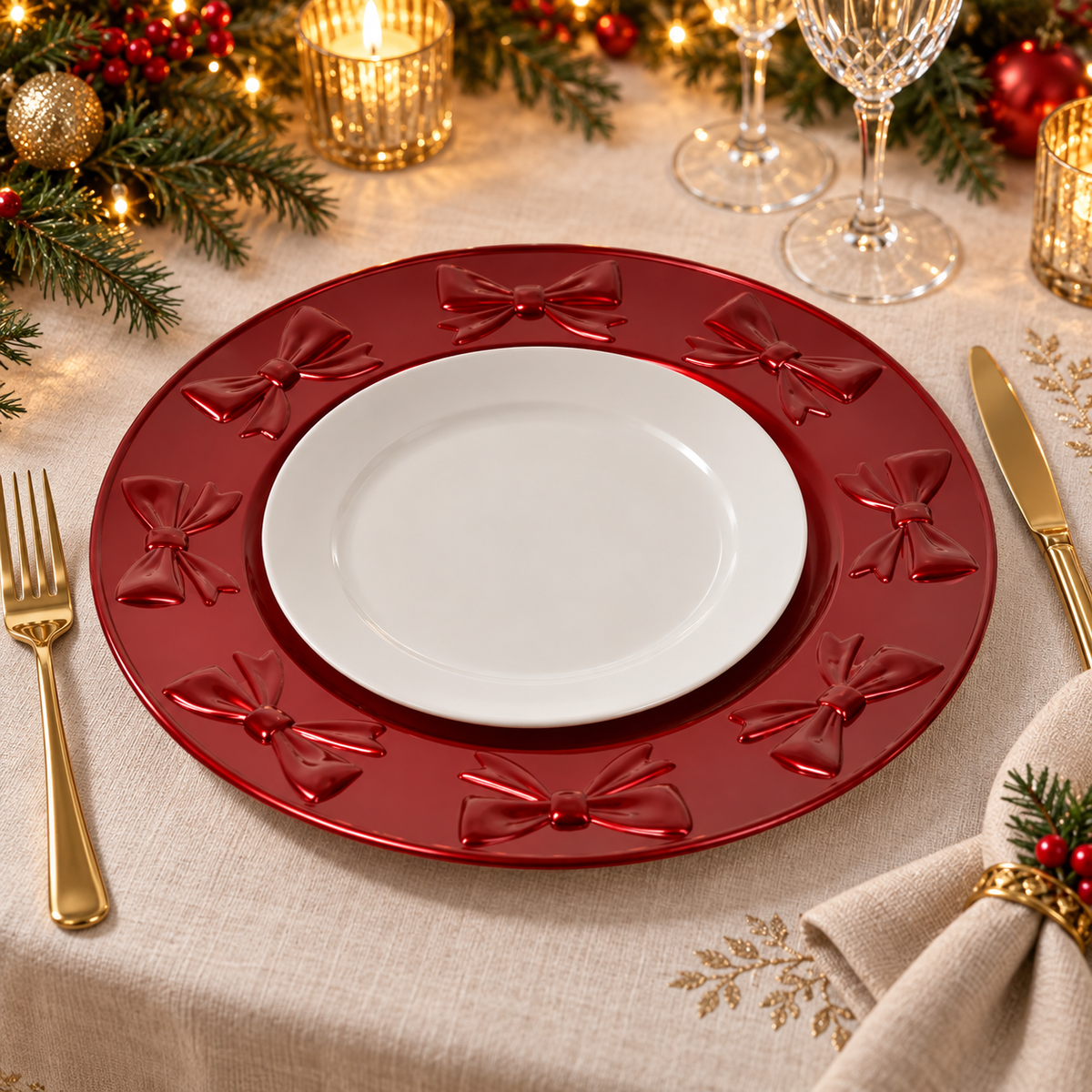 Sottopiatto natalizio rosso con fiocchi Ø 33 cm – Kaemingk