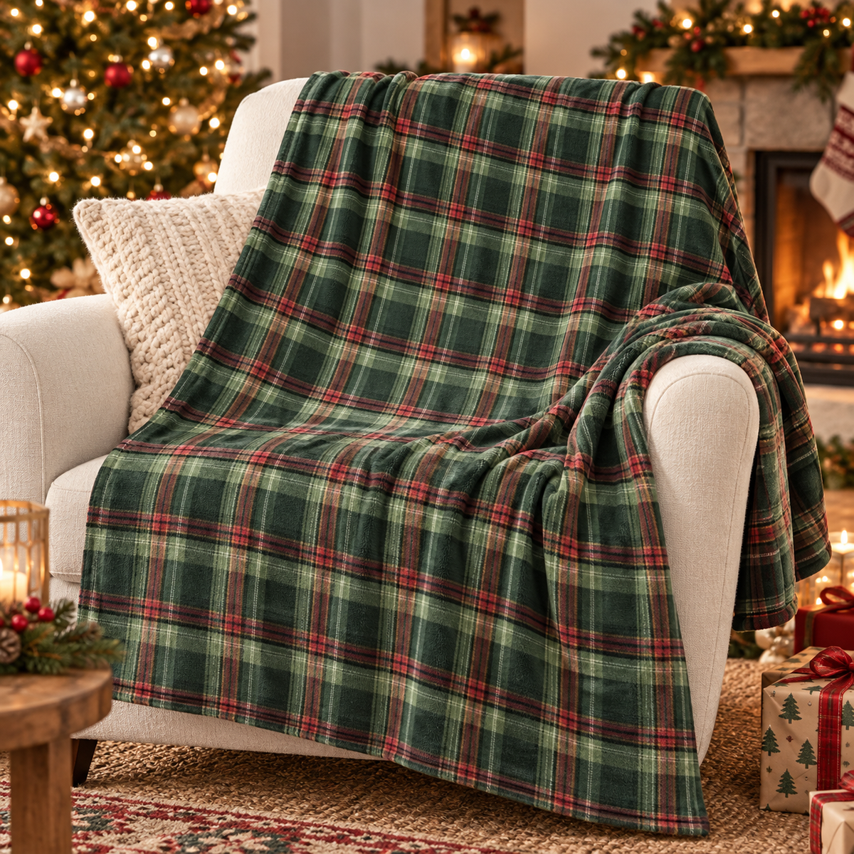 Plaid natalizio tartan verde in flanella 150 × 200 cm – Kaemingk