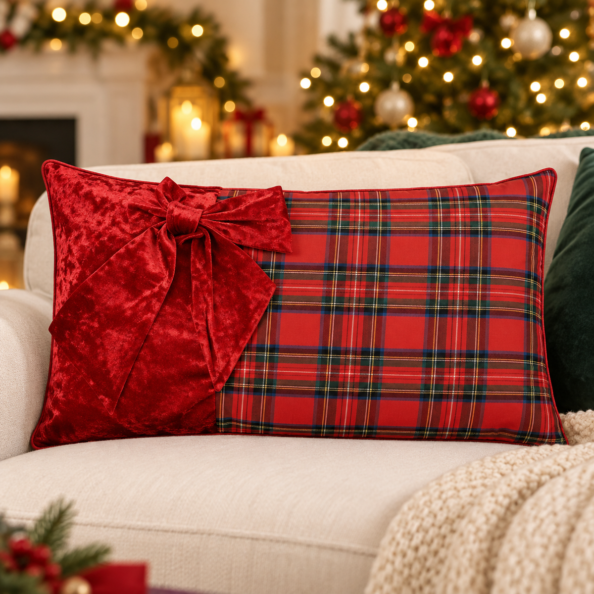 Cuscino natalizio tartan con fiocco in velluto 30 × 50 cm – Kaemingk