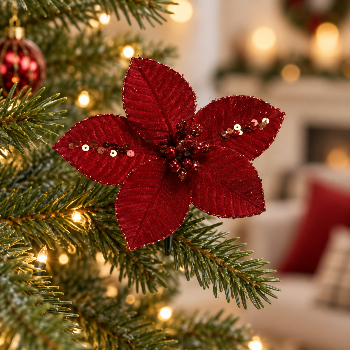 Stella di Natale in velluto con clip Ø 10 cm, colori assortiti – Kaemingk