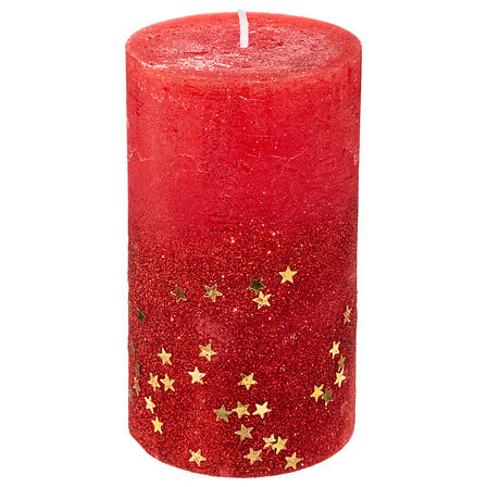 Candela natalizia cilindrica rossa con stelle oro – 7 × 12 cm