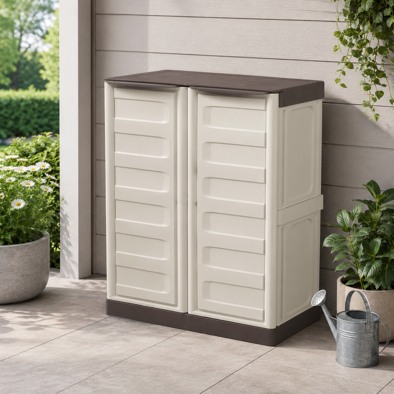Armadietto basso da esterno in resina tortora 2 ante 1 ripiano 70x39x85 cm – Spazio