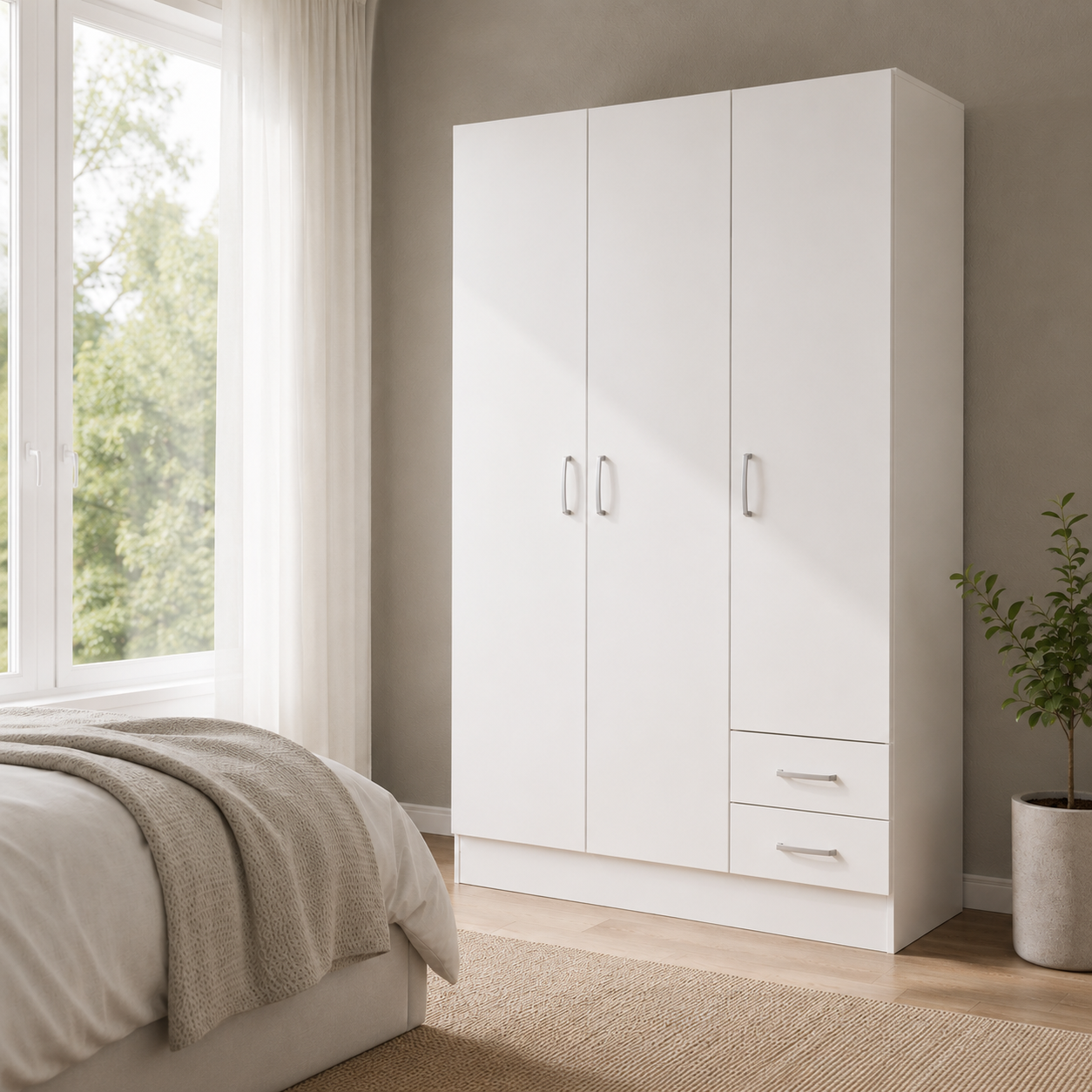 Armadio guardaroba 3 ante 2 cassetti in melaminico bianco 119x46x184 cm – Facile