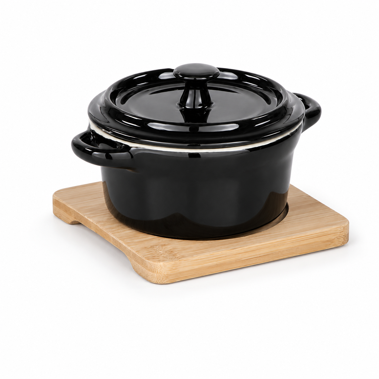 Mini cocotte in ceramica nera con coperchio e supporto bamboo – Tapas