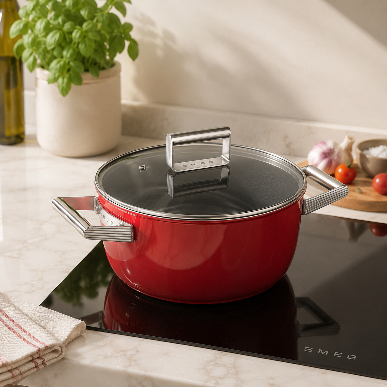 Casseruola bassa 2 manici rossa 24 cm con coperchio alluminio forgiato induzione – Smeg 50's Style