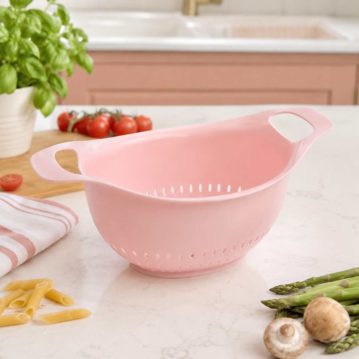 Colino ovale in polipropilene rosa con manici 33 cm – Pastel