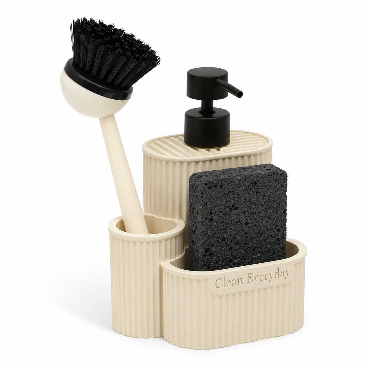 Dispenser sapone con spugna e spazzola in poliresina beige 400 ml – Terra Set