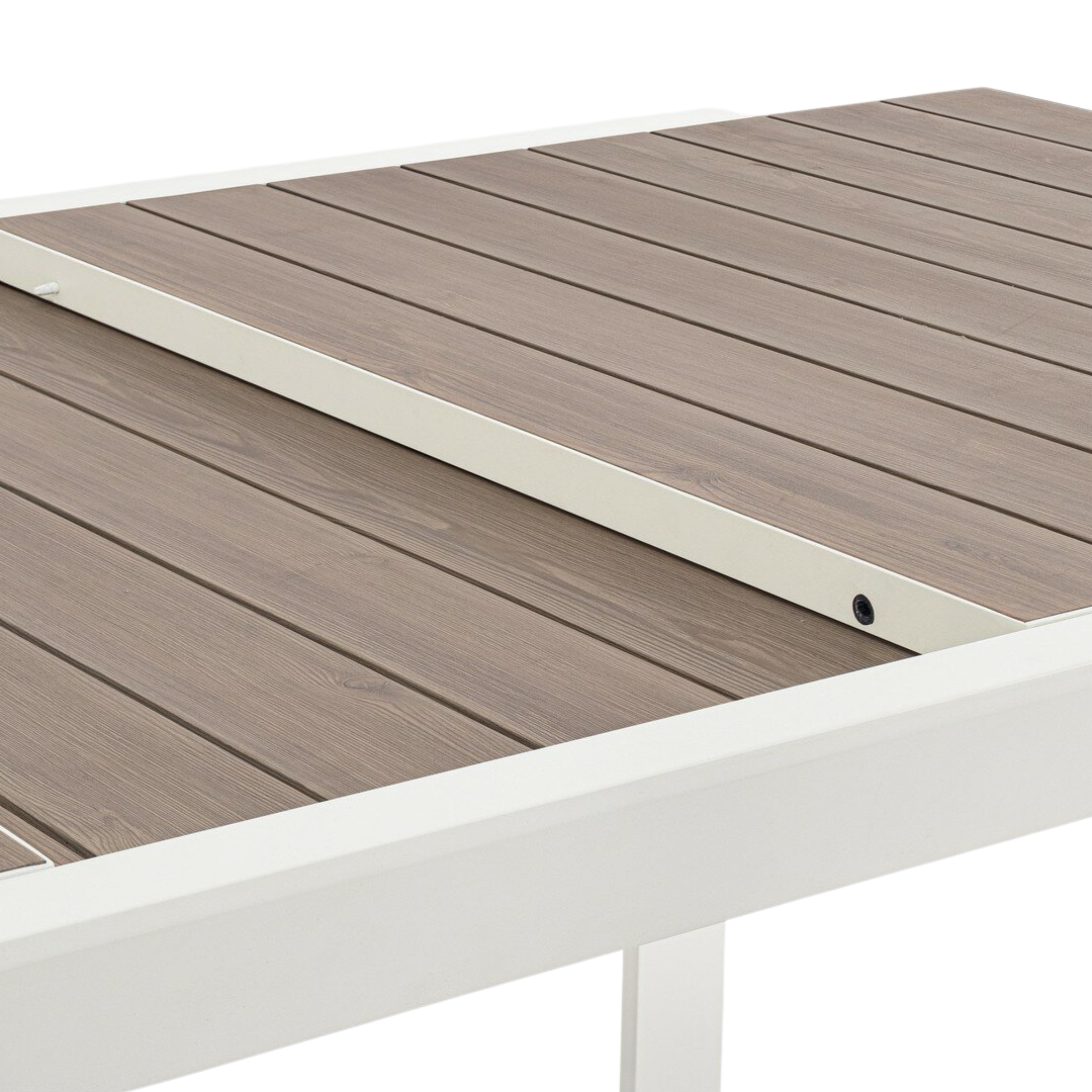 Tavolo da giardino grande e allungabile a base bianca con piano a doghe effetto legno – Belmar