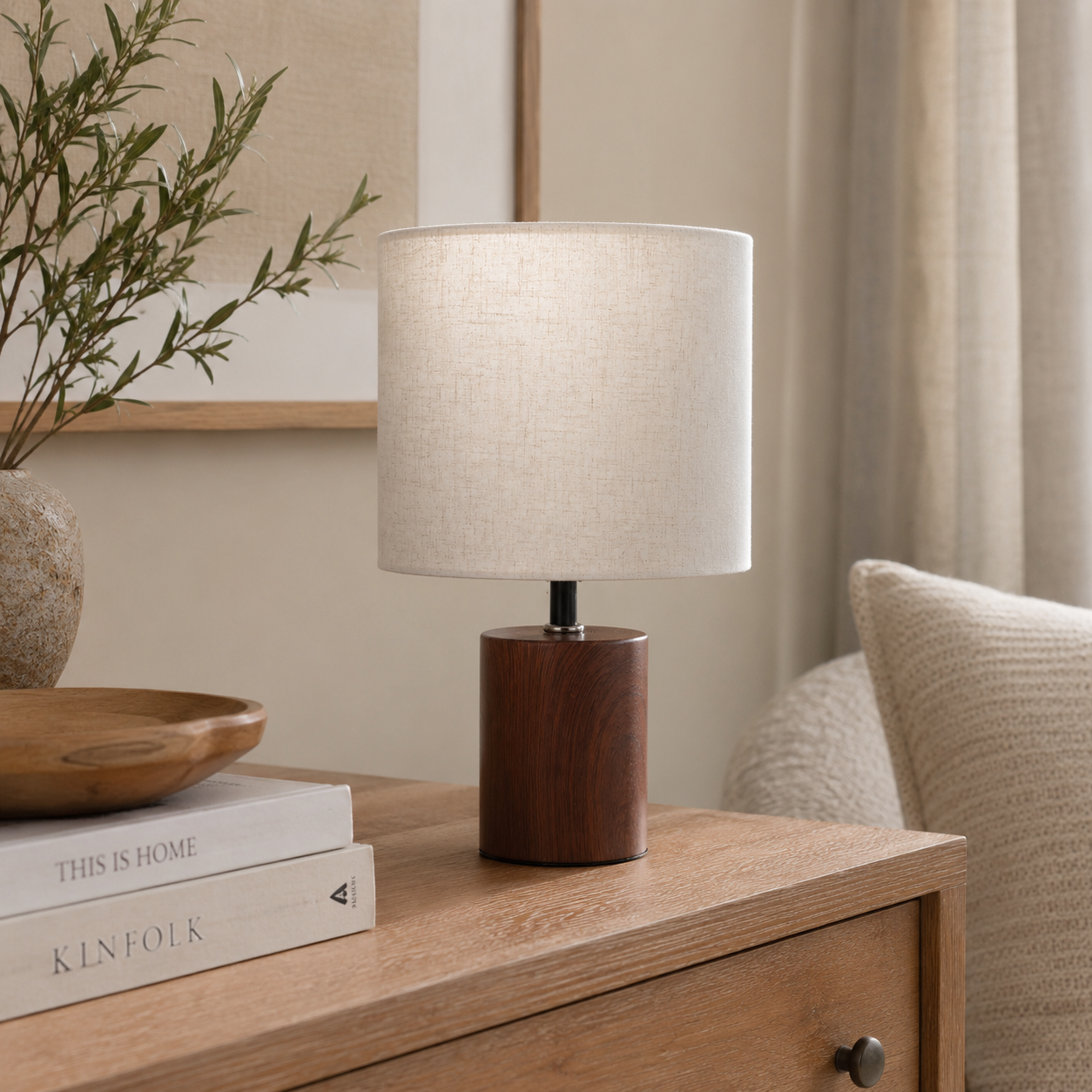 Lampada da tavolo con base effetto legno e paralume beige H29,5 cm – Lino