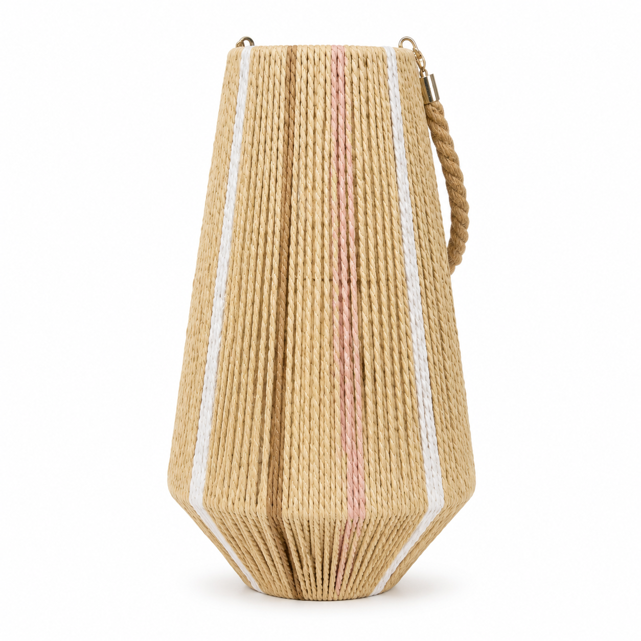 Lanterna decorativa in paper rope beige con strisce bianche e manico – Stripe H45