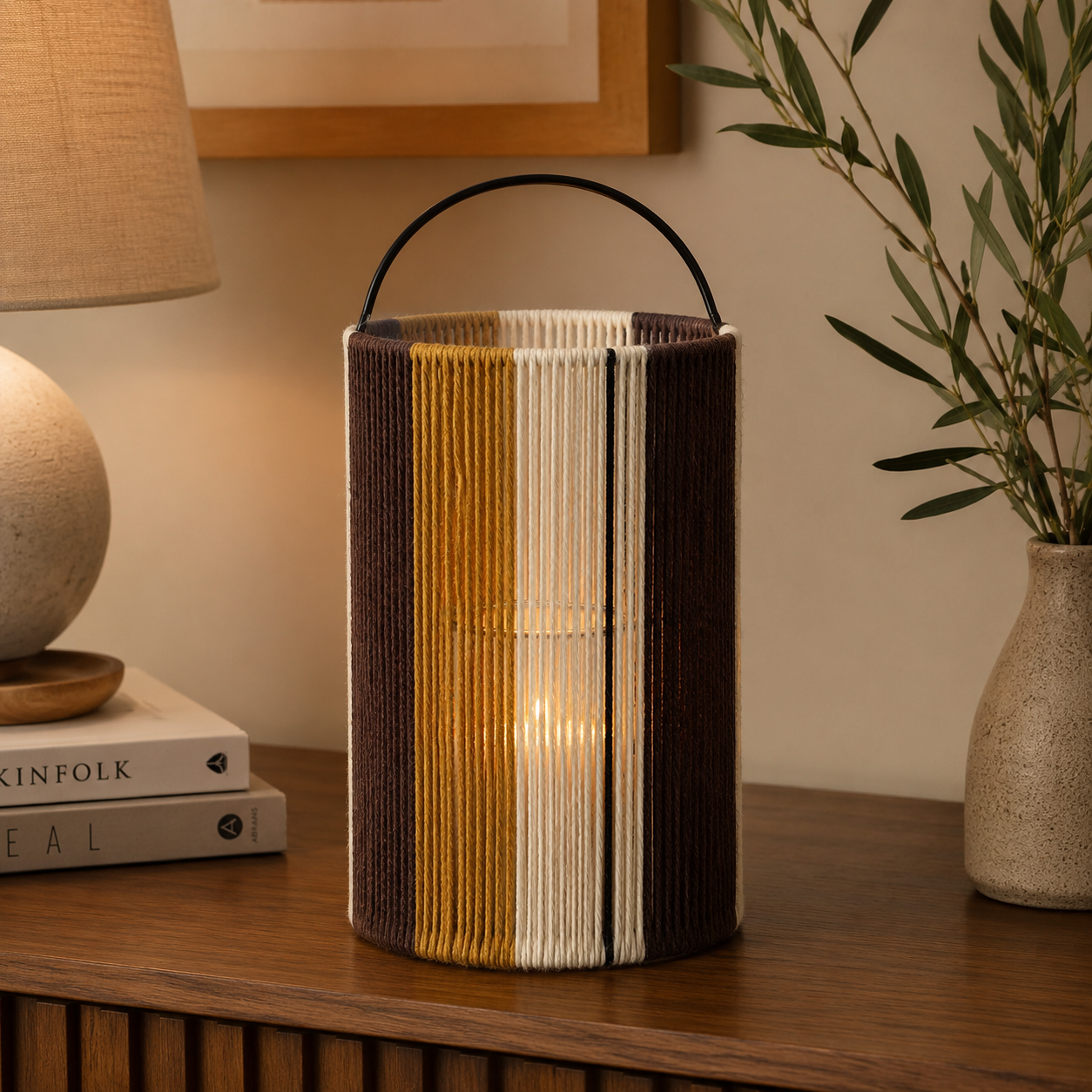 Lanterna decorativa in corda di cotone con manico e luce a batteria