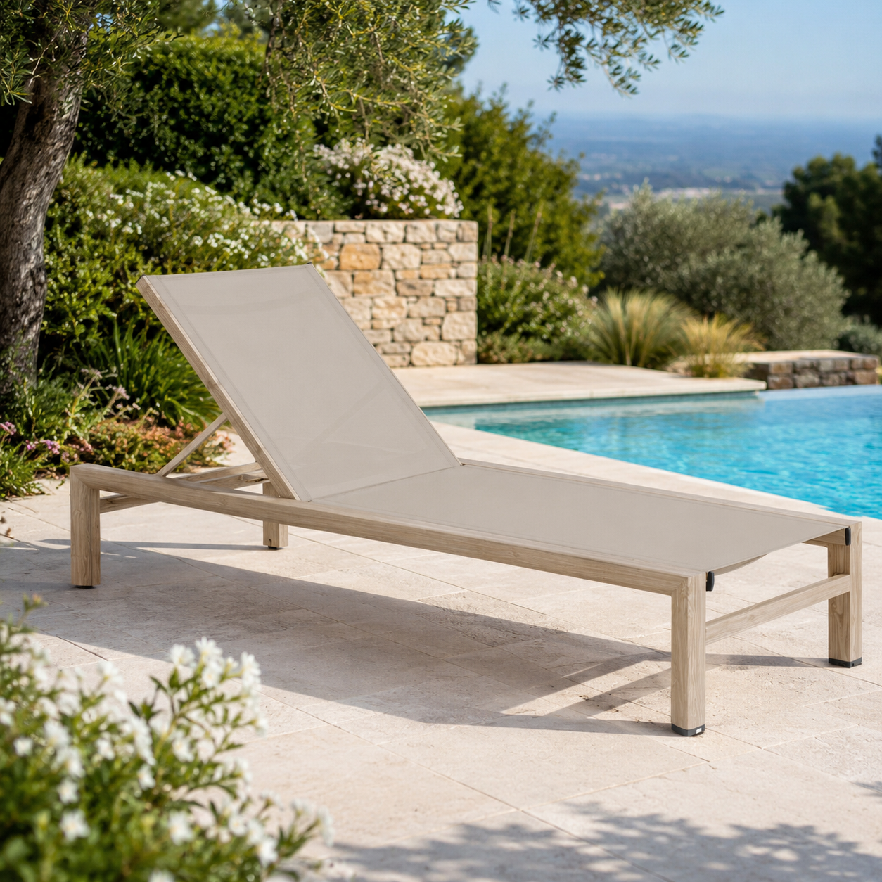 Lettino prendisole da giardino con schienale reclinabile effetto legno beige – Skipper Timber – arredo esterno Gelsomino Home