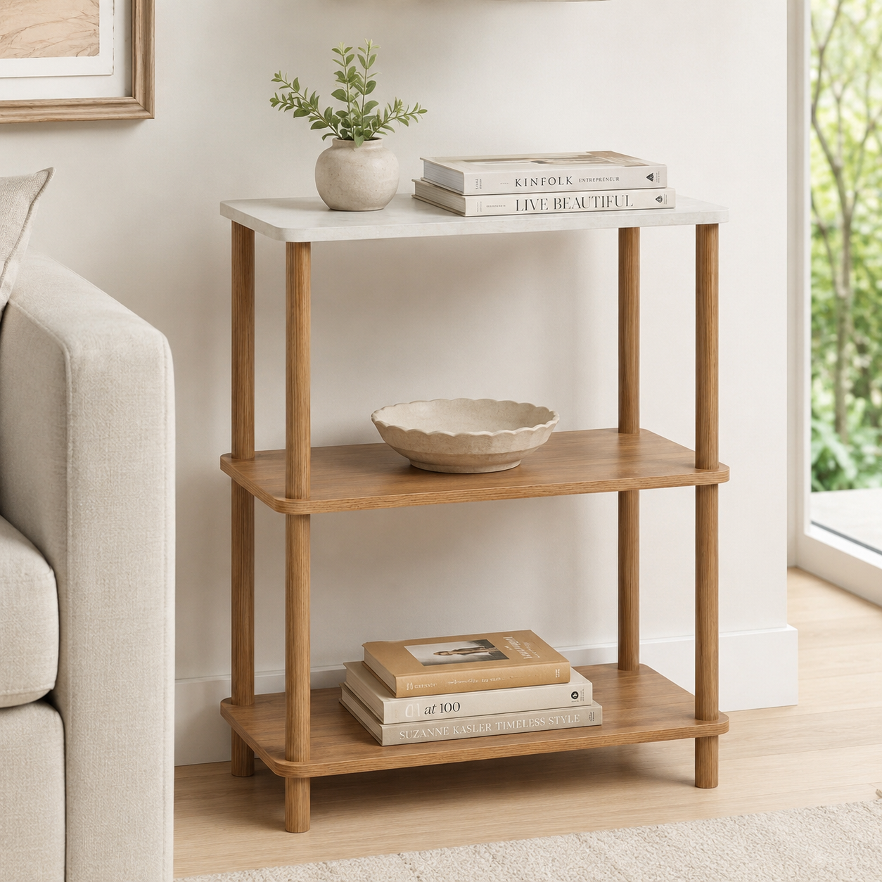 Scaffale basso 3 ripiani in MDF effetto legno e marmo 60x29,5x76,5 cm – Come
