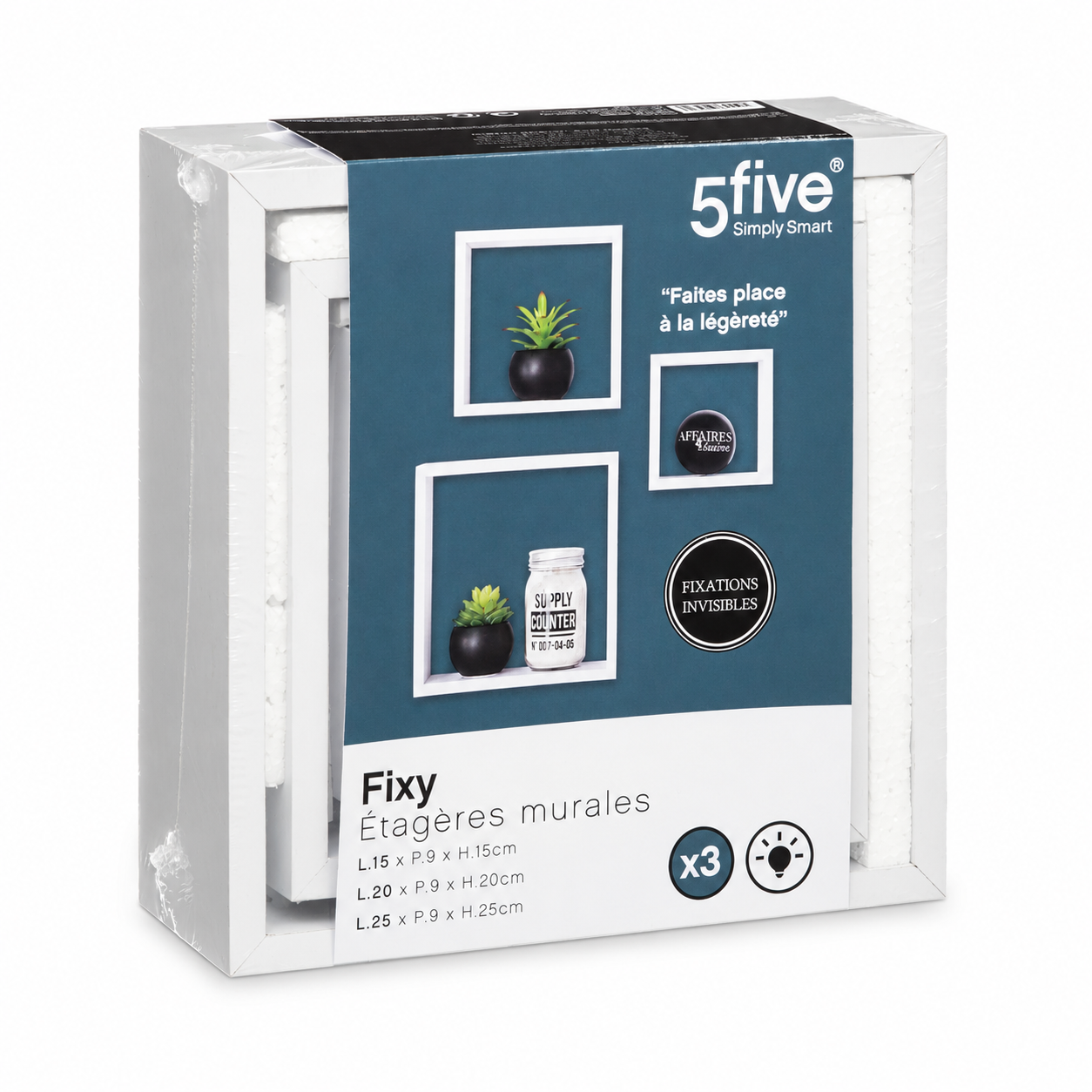 Set 3 mensole a cubo da parete in MDF bianco 15-20-25 cm – Fixy