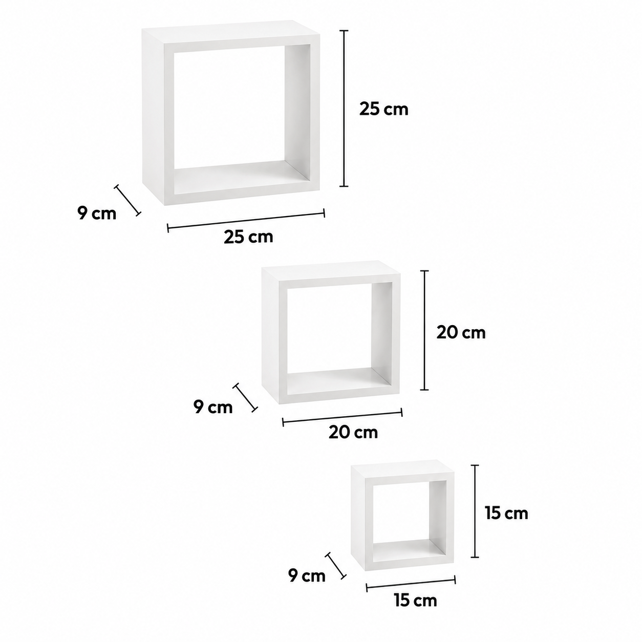 Set 3 mensole a cubo da parete in MDF bianco 15-20-25 cm – Fixy