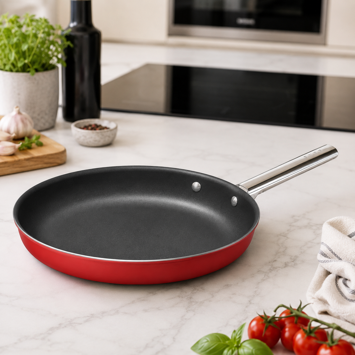 Padella antiaderente rossa 28 cm alluminio forgiato fondo inox induzione – Smeg 50's Style