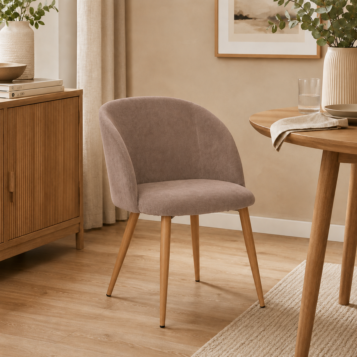 Poltrona vintage in velluto con gambe effetto legno | Celeste beige
