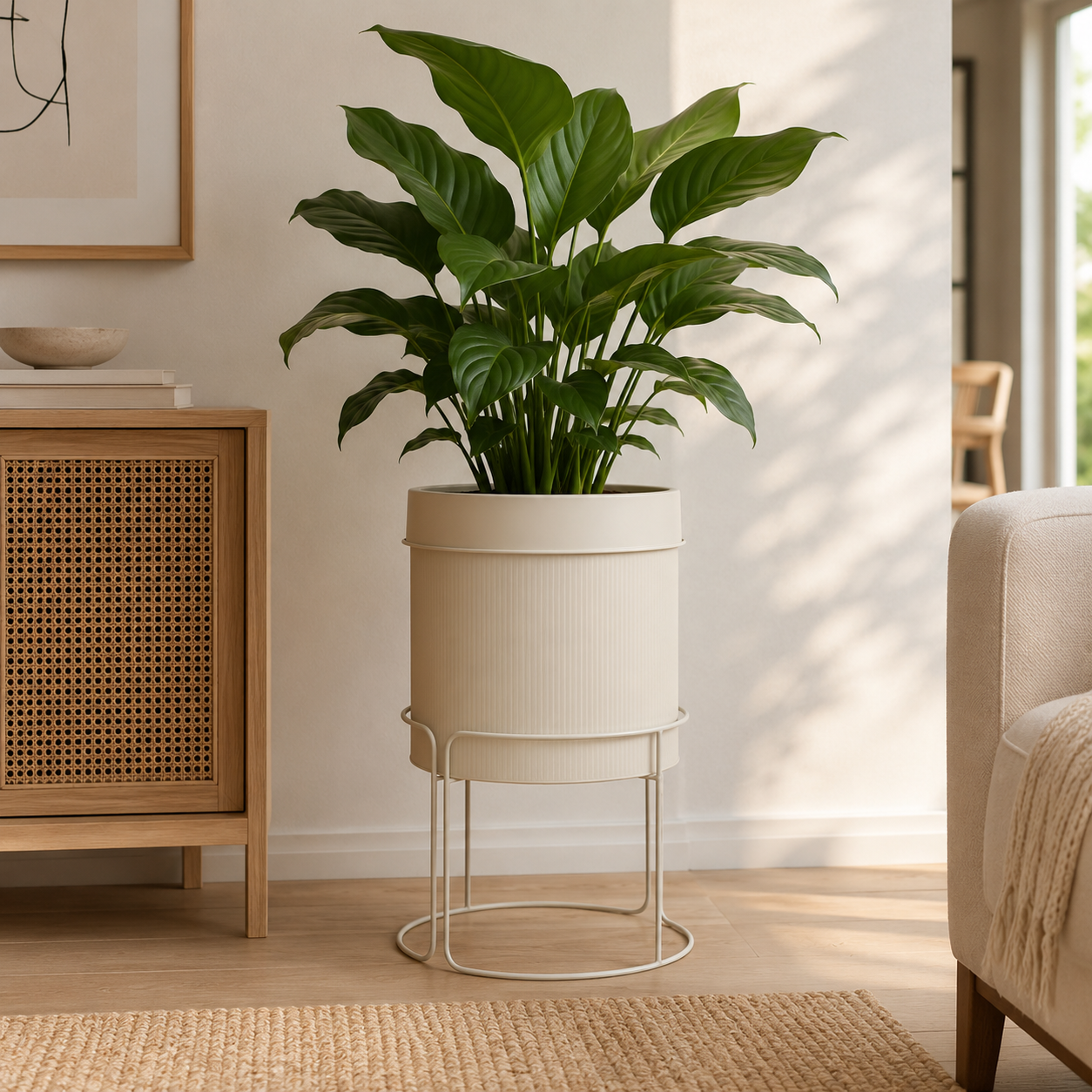 Portavaso cilindrico in metallo beige con supporto – Aze