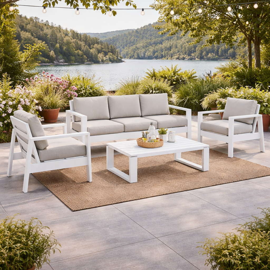Salotto da giardino 5 posti in alluminio bianco con cuscini olefin – Baltic – arredo esterno Gelsomino Home