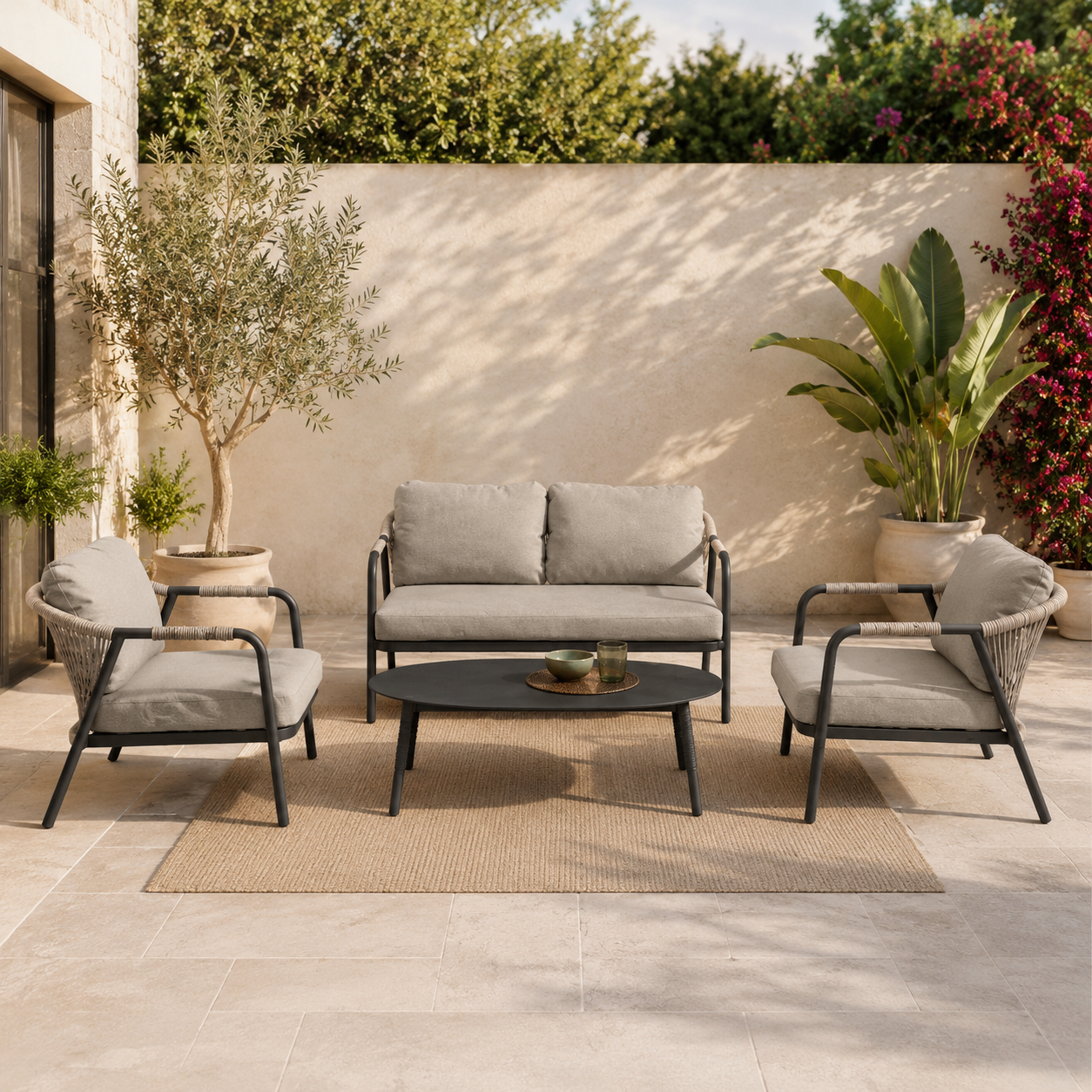 Salotto da giardino 4 pezzi in alluminio antracite e corda khaki – Miravet