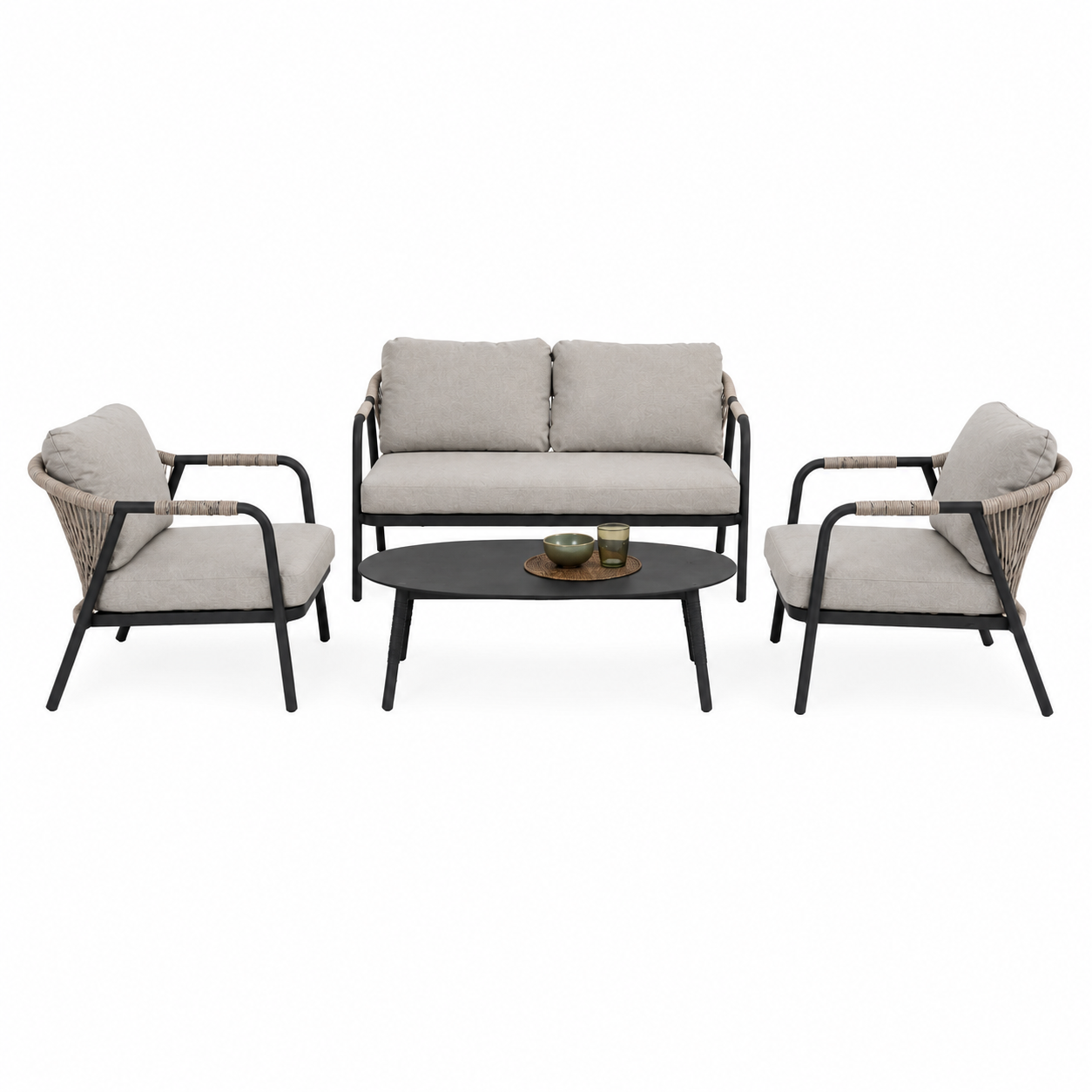 Salotto da giardino 4 pezzi in alluminio antracite e corda khaki – Miravet