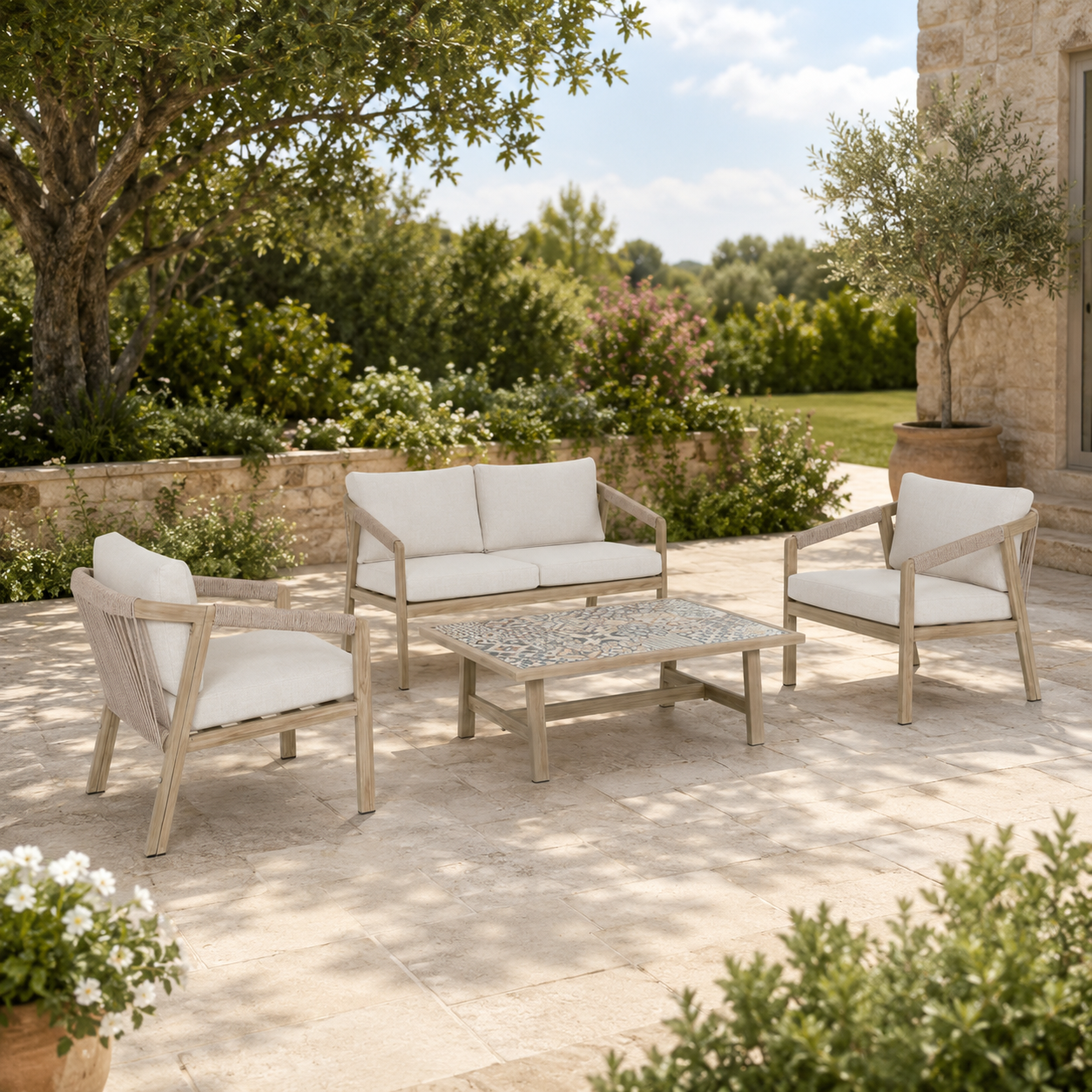 Set salotto da giardino 4 posti Kalimera Timber – divano, poltrone e tavolino in alluminio effetto legno con corda intrecciata – arredo esterno Bizzotto.