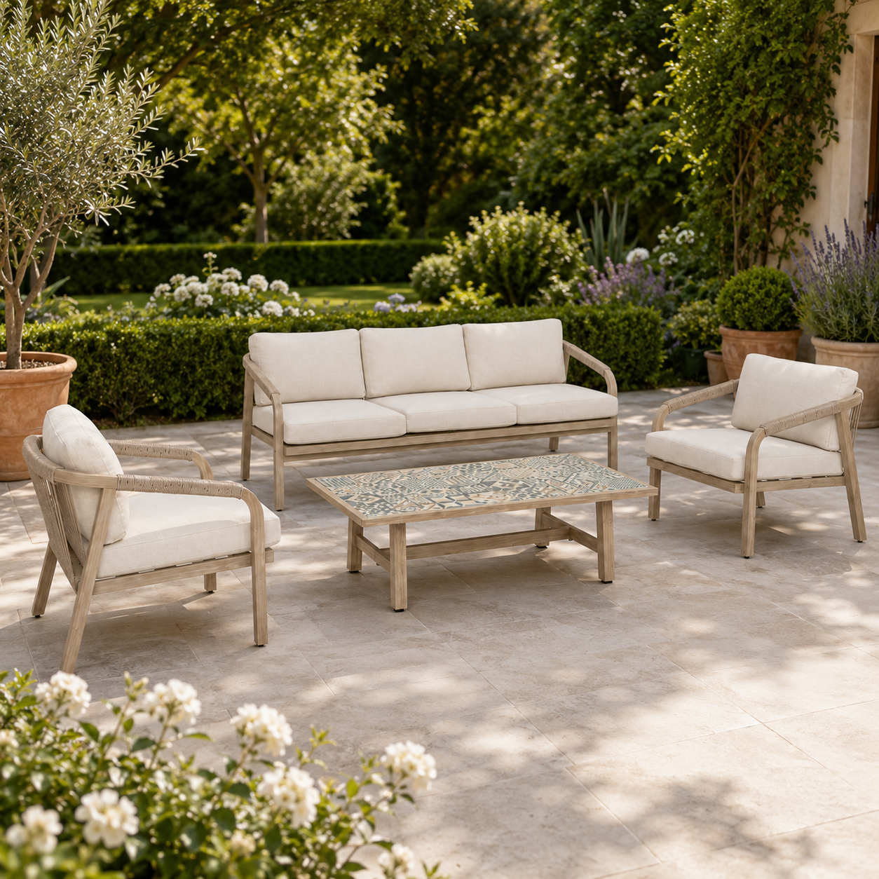 Salotto da giardino 5 posti Kalimera Desert – divano, 2 poltrone e tavolino in alluminio effetto legno con corda intrecciata – set arredo esterno Bizzotto